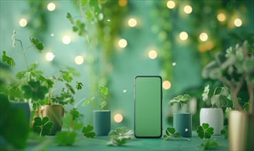 Smartphone with green screen mockup on green table with shamrocks and bokeh. AI generated