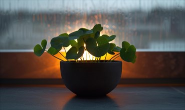 Green plant in a pot on the background of the window at night. AI generated