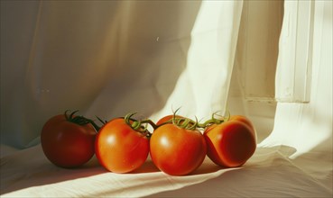 Tomatoes on a white tablecloth. Close-up. Selective focus. AI generated