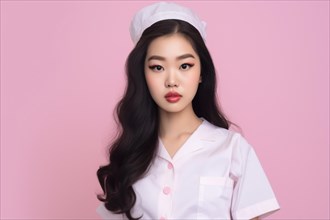 Young Asian woman with long black hair dressed up as nurse on pink background. KI generiert,