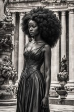 Elegant woman with a voluminous afro hairstyle wearing a dress, standing before classical