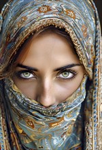 Young Muslim woman with expressive green eyes and wearing a traditional headscarf with colourful