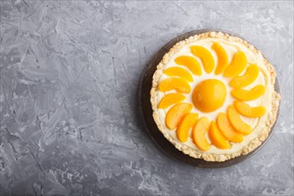 Round peach cheesecake on a gray concrete background. top view, flat lay, copy space