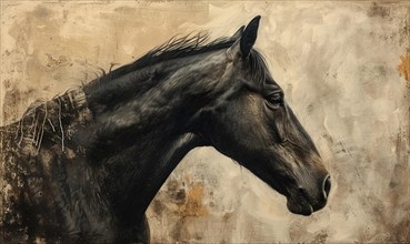 Artwork of a horse in side profile with dark tones on a textured background AI generated