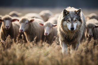 Wolf with herd of sheep in background. KI generiert, generiert AI generated