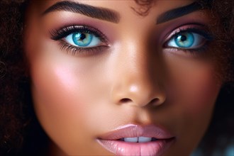Close up of african american woman with unusual light blue eyes. KI generiert, generiert AI