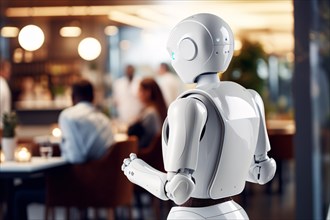 Artifical intelligence android robot working as waiter in restaurant. KI generiert, generiert AI