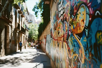 Street art with graffiti on the streets of the Born neighborhood in the center of Barcelona in
