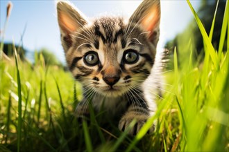 Playful Cute Kitten outdoors in Sunlit Grass. Kitten excitement and wonder as it explores the