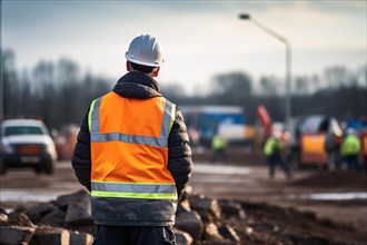 Back view of worker in orange safety vest and helmet overseeing construction site. KI generiert,
