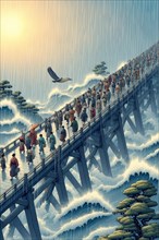 A serene scene with people under umbrellas on a bridge in the rain with an eagle flying by, AI