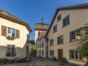 Alley and St Martin's Tower in the Upper Town, Old Town, Bregenz, Lake Constance, Vorarlberg,