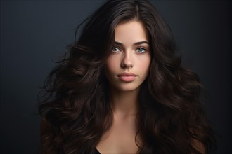 Young woman with dark lush wavy hair. KI generiert, generiert AI generated
