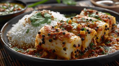 Paneer pieces served with spicy curry and basmati rice garnished with cilantro on a black plate, ai