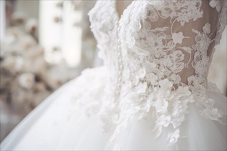 Close up of elegant white wedding dress with lace. KI generiert, generiert AI generated