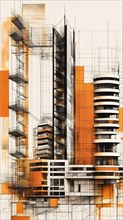 A vertical abstract piece with architectural blueprint features in brown and orange tones, vertical