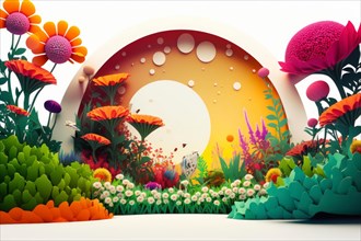 Colorful 3D illustrated abstract garden with a paper art style and variety of flowers, Spring