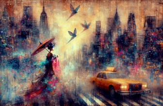 Dreamy cityscape featuring a woman in a Japanese robe near a taxi with birds flying, japanese