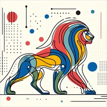 Colorful abstract geometric design of a lion in motion, continuous line art, creature is stylized