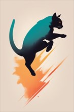 Artistic rendering of a cat mid-leap with orange motion accents, minimalist vintage design muted