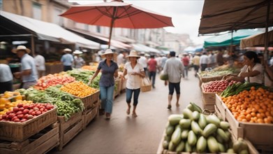 Busy outdoor market vendor stalls with fresh vegetables and fruit produce, shoppers walking, a