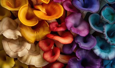 Close up of colorful mushrooms. Colorful background. Top view AI generated