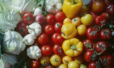 Vegetables background. Tomatoes, peppers, onions and garlic. AI generated