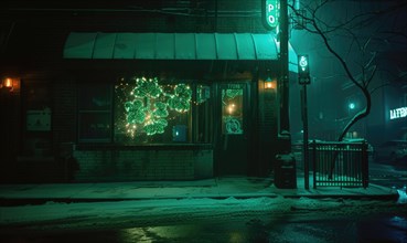 Street in the city at night in winter. Dark green tone. AI generated
