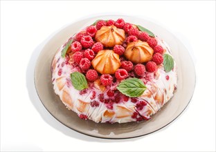 Homemade jelly cake with milk, cookies and raspberry isolated on white background. side view. close