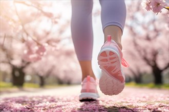 Back view of woman's feet with pink sneakers jogging through park with cherry blossom flowers in