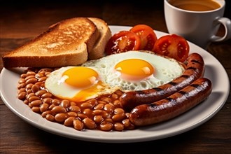 Full English breakfast with plate with baked beans, fried eggs, sausages and bread. KI generiert,
