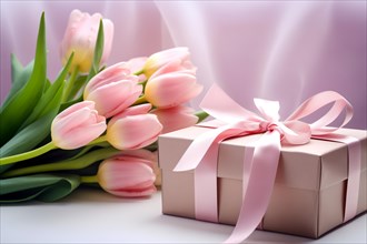 Gift Box with Pink Ribbon Beside bouquet of Fresh Tulips on Bokeh Background. Good for Valentine