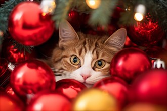 Cute cat kiding between red baubles in Christmas tree. KI generiert, generiert AI generated