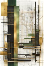 Detailed sectional view of a modern building with green and gold accents, vertical aspect ratio,