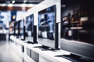 Modern black flat screen TVs in electronics store. KI generiert, generiert AI generated