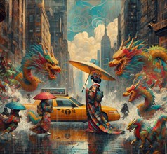 Vibrant fantasy art of a person in traditional asian silky long tailed dress amongst dragons in a