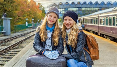 AI generated, Two young blonde woman want to travel and wait in the station for the train, 18,
