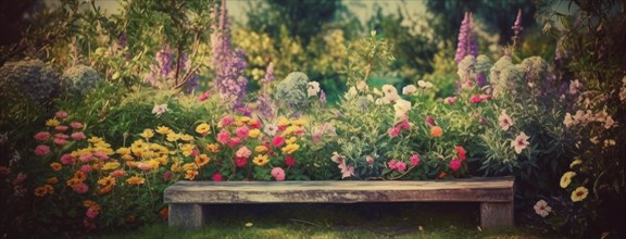 Wooden bench in garden with background full of spring flowers, AI generated
