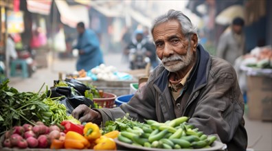 Elderly vendor with a gray beard and turban selling green vegetables at a market, ai generated, AI