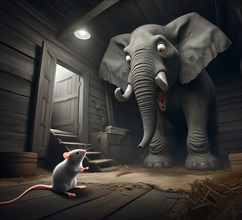 An elephant panics in front of a mouse, AI generated, AI generated