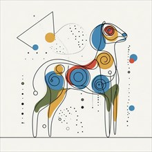 Abstract geometric line art depiction of a deer with primary color accents, continuous line art,