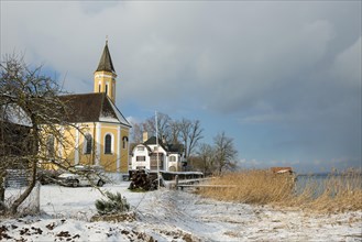 Snow-covered church in winter, St Alban's Church, Diessen, Lake Ammer, Fuenfseenland,