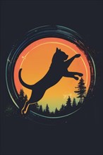 Silhouette of a cat jumping in front of a sunset with trees in the background, minimalist vintage
