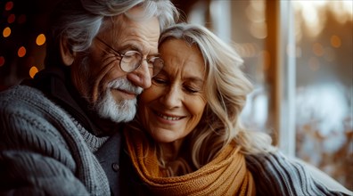 An aging couple embraces tenderly during golden hour, surrounded by a cozy, wintery atmosphere, ai