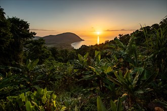 View from a mountain to a secluded bay with a sandy beach and mangrove forest. The sun rises over