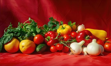 Vegetables and fruits on a red background. Fresh vegetables AI generated