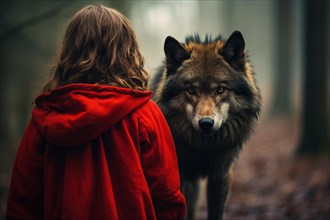 Back view of child or young woman with red riding cloak and blurry wolf in forest in background. KI