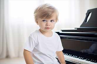Young boy child sitting next to piano. Music education at young age. KI generiert, generiert AI