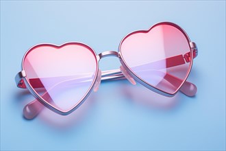Cute heart shaped sunglasses on pastel blue colored background. KI generiert, generiert AI