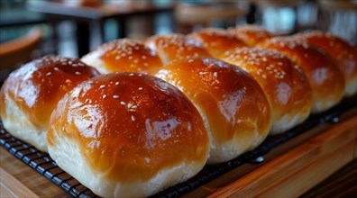 Rows of glistening Japanese bread rolls sprinkled with sesame seeds on a bamboo mat, ai generated,